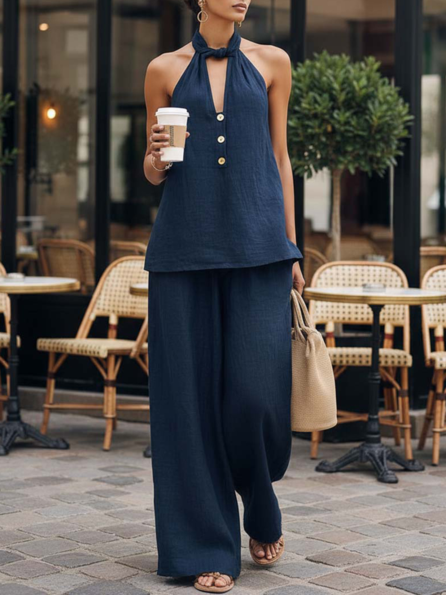 Off-the-shoulder backless top and pants set