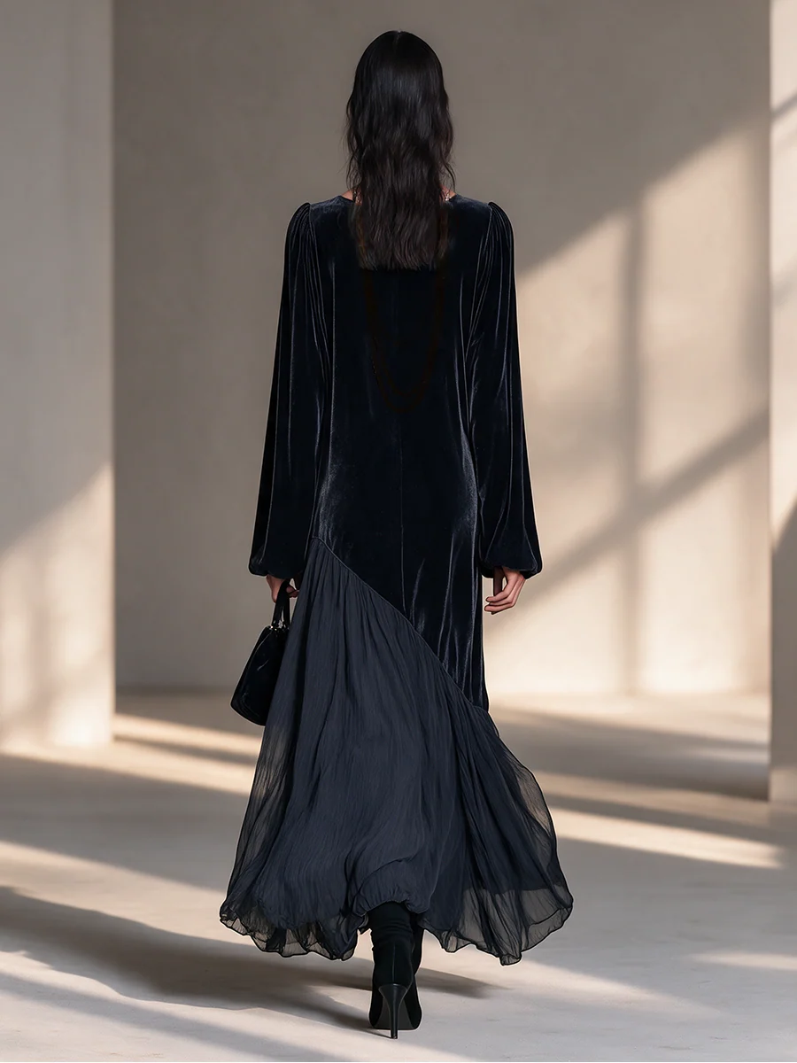 Velvet and Chiffon Patchwork Dress