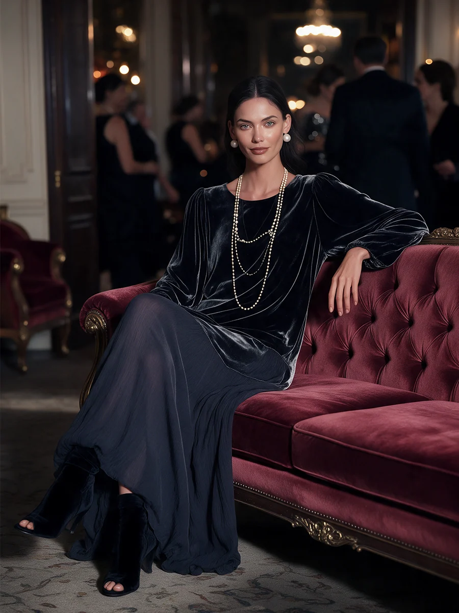 Velvet and Chiffon Patchwork Dress