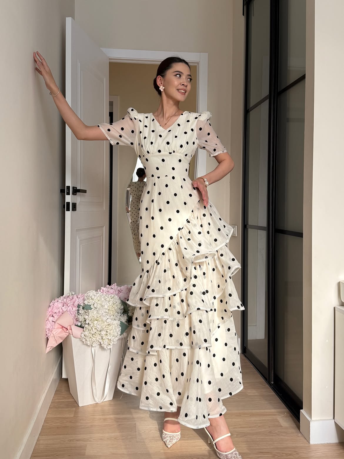 Polka-Dot Ruffled Maxi Dress