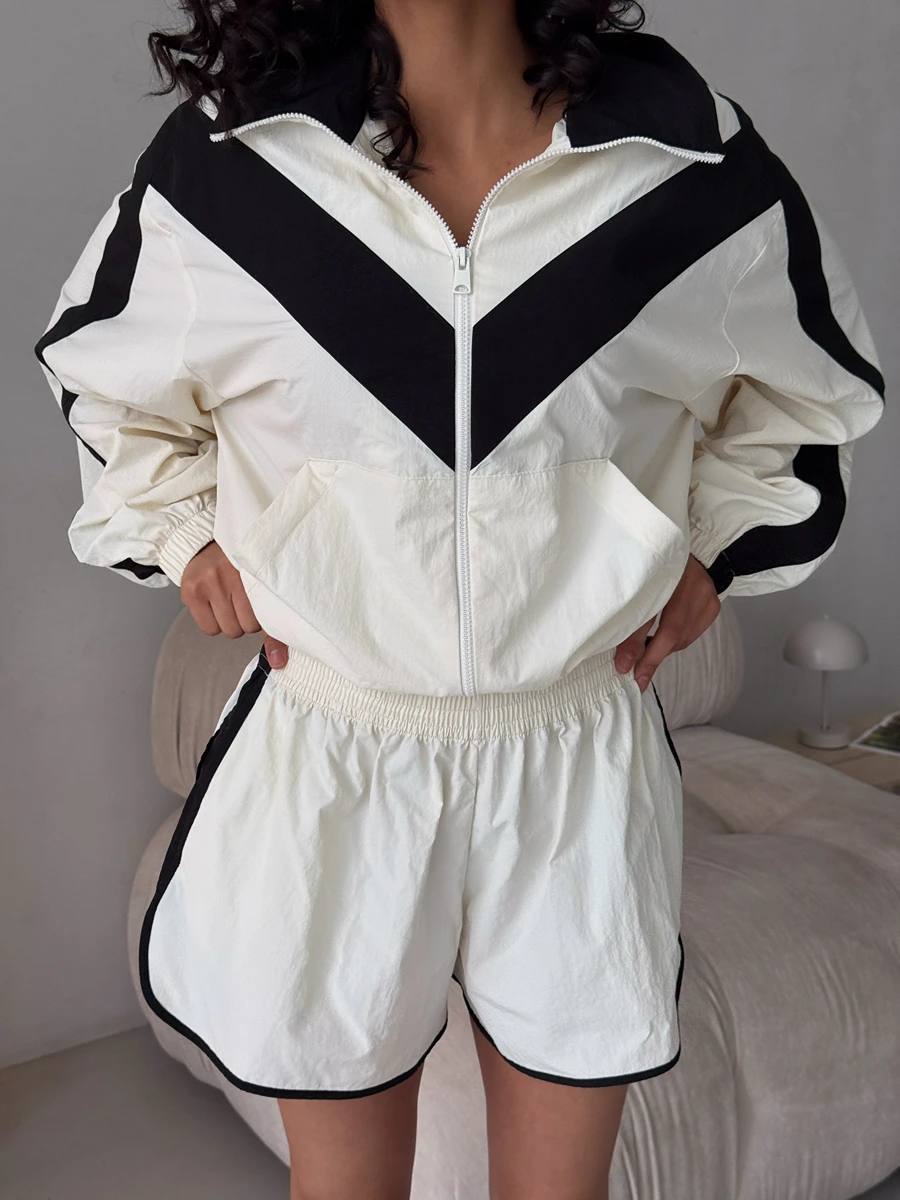 Zip-Up Collared Shorts Set