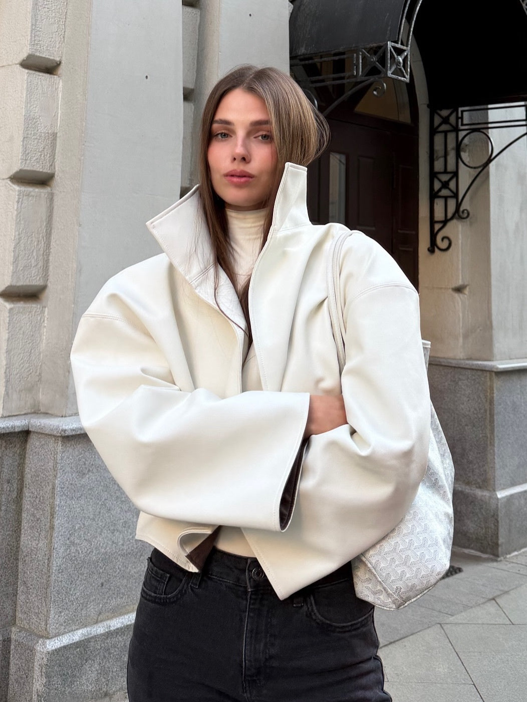 Cropped Stand-Collar PU Jacket