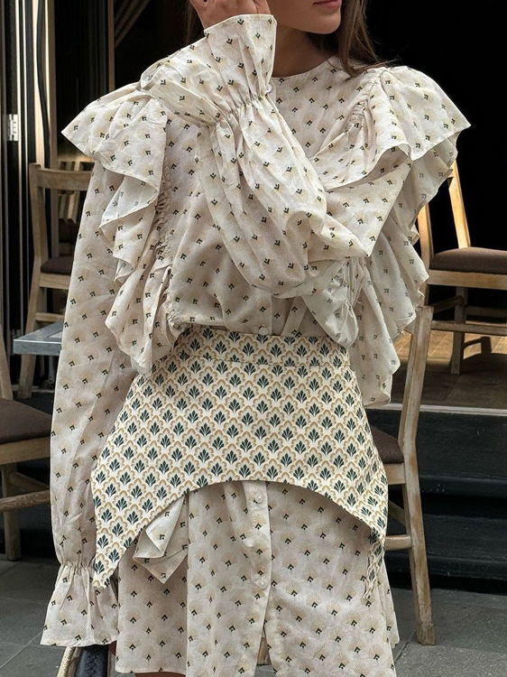 Printed ruffled shirt dress with waist belt