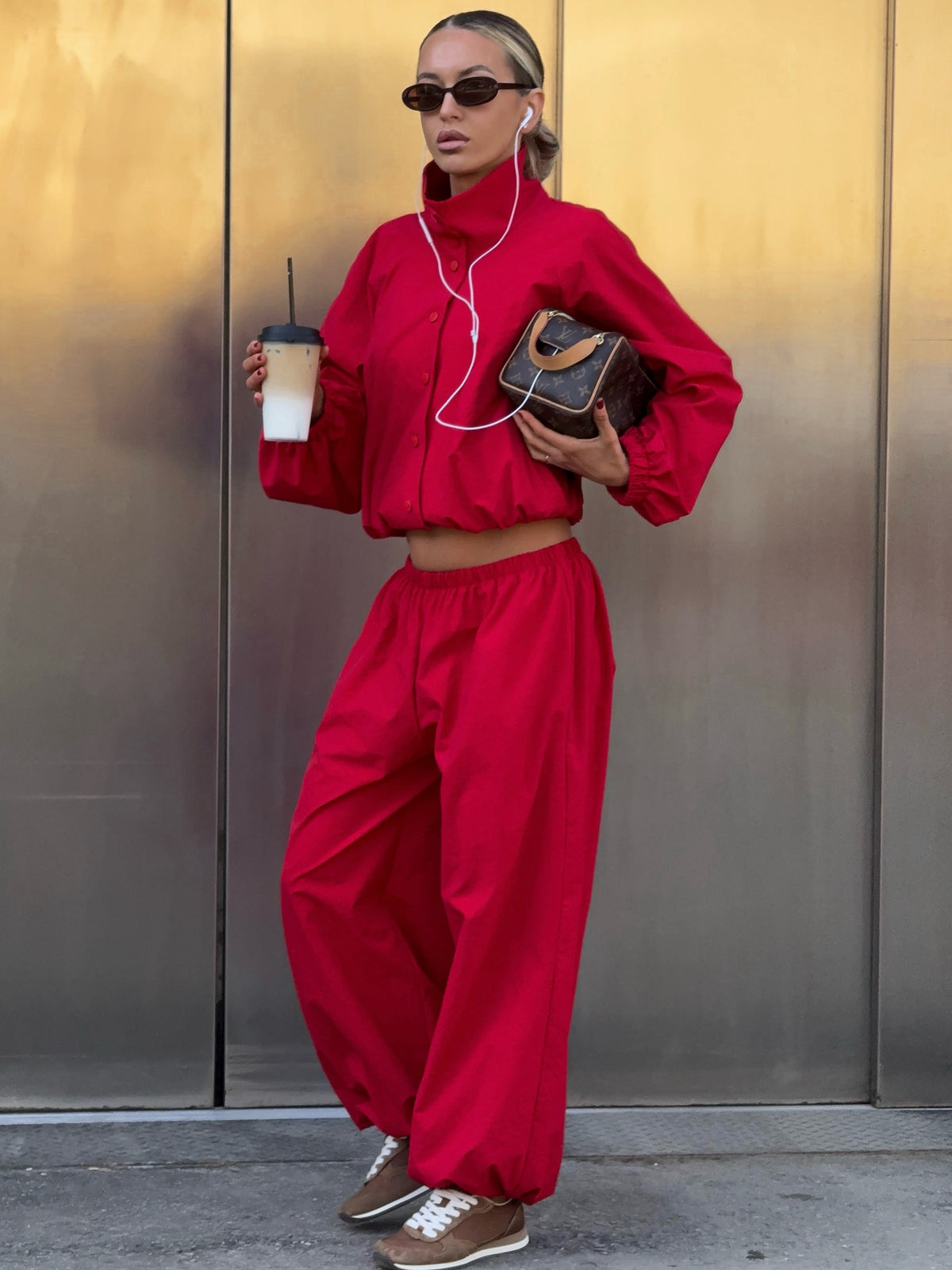 Waist-cinched Jacket and Baggy Pants Set