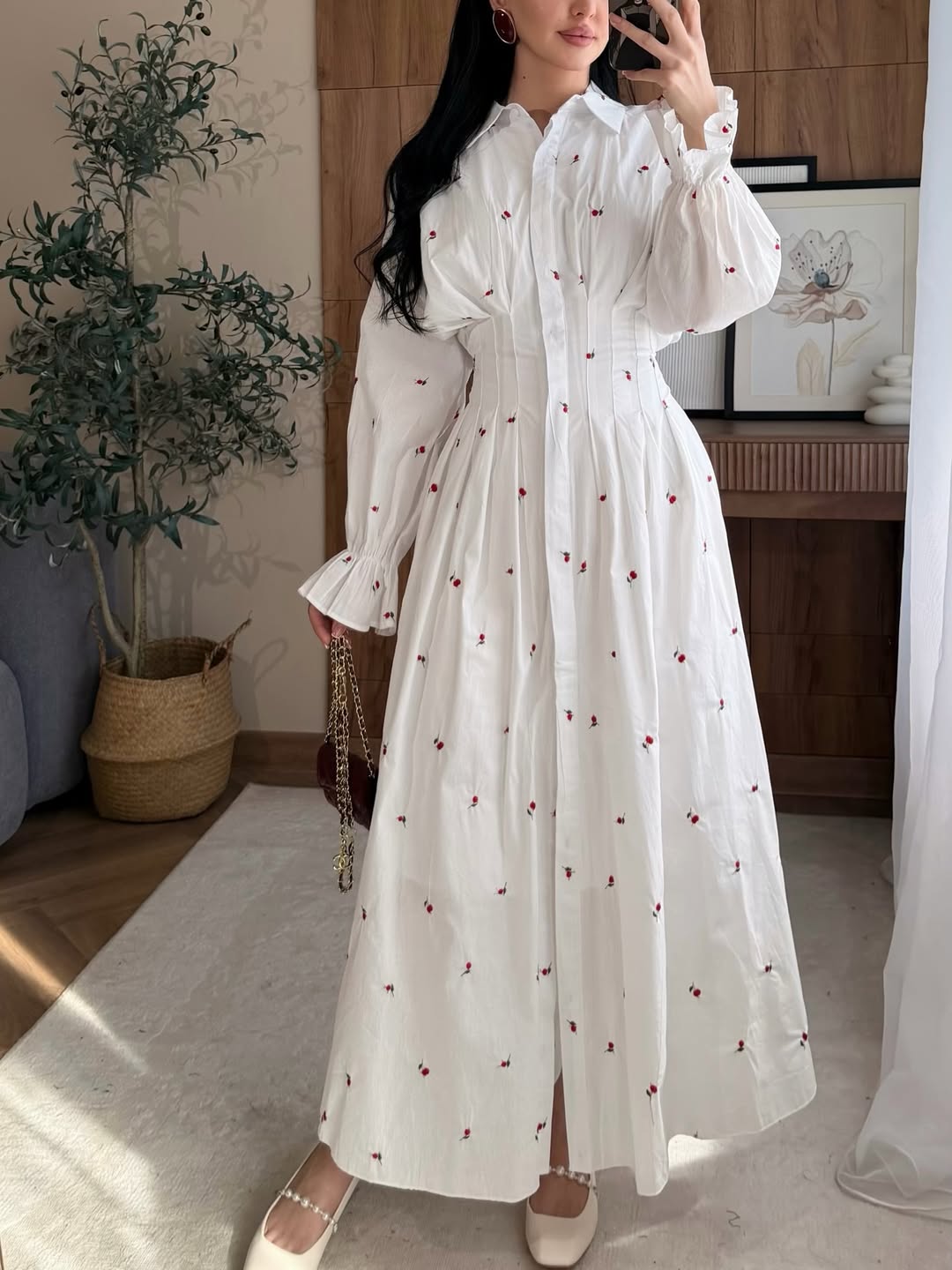 Floral Embroidered Pleated Dress