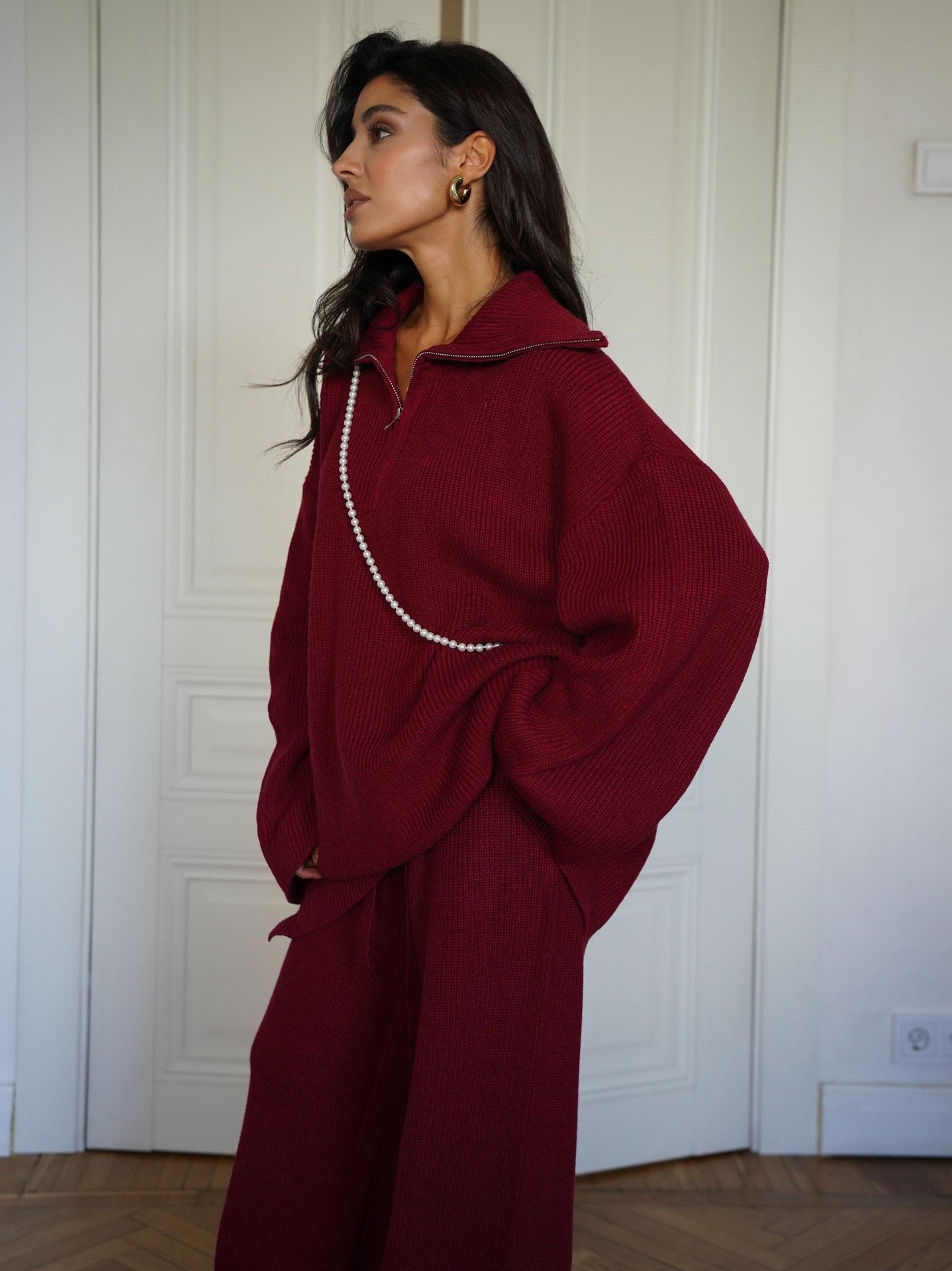 Burgundy Zipper Sweater Set