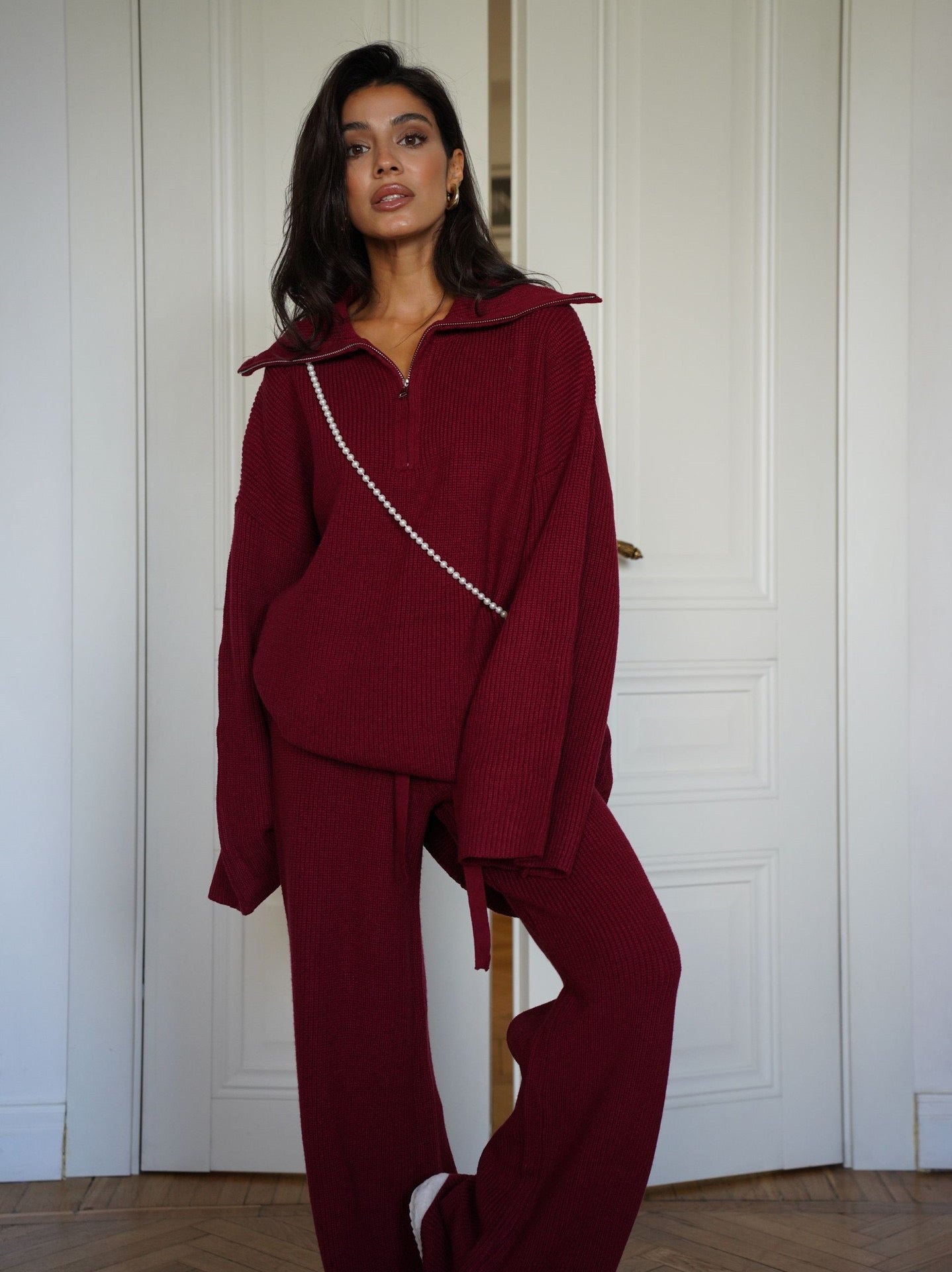 Burgundy Zipper Sweater Set