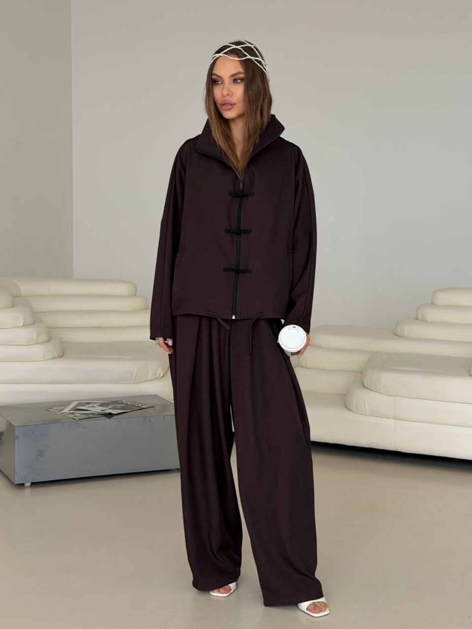 Button-Front Loose-Fit Baggy Pants Set