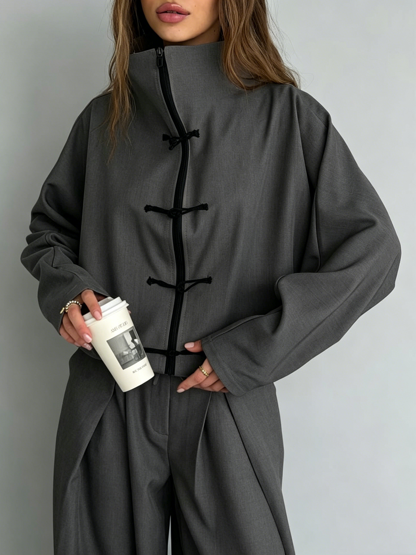 Button-Front Loose-Fit Baggy Pants Set