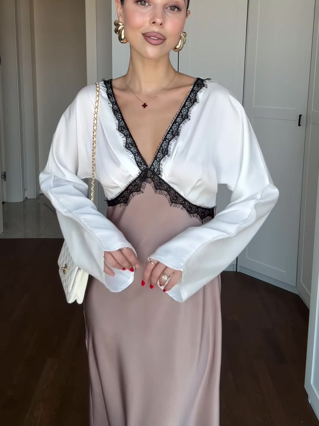 Satin Lace Contrast Trim Long Dress