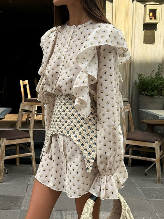 Printed ruffled shirt dress with waist belt