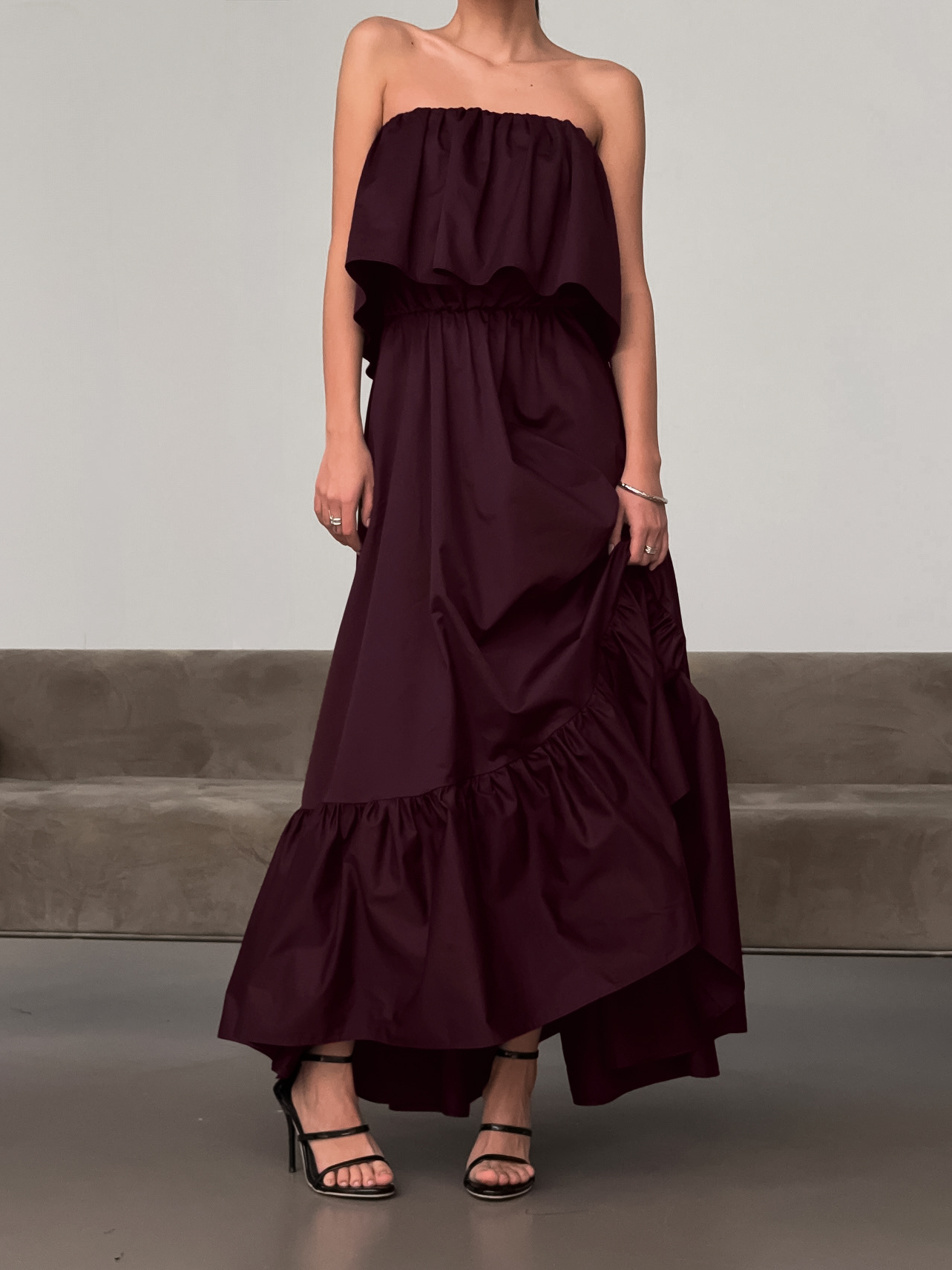 Ruffled strapless maxi dress