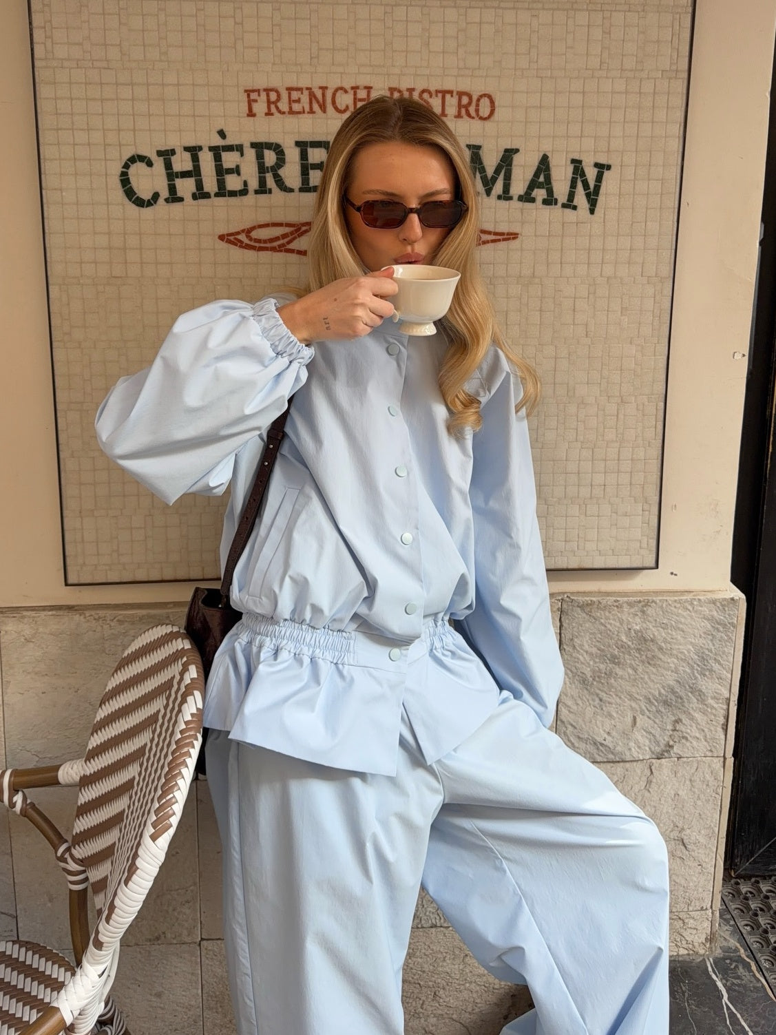 Waist-cinched Jacket and Baggy Pants Set