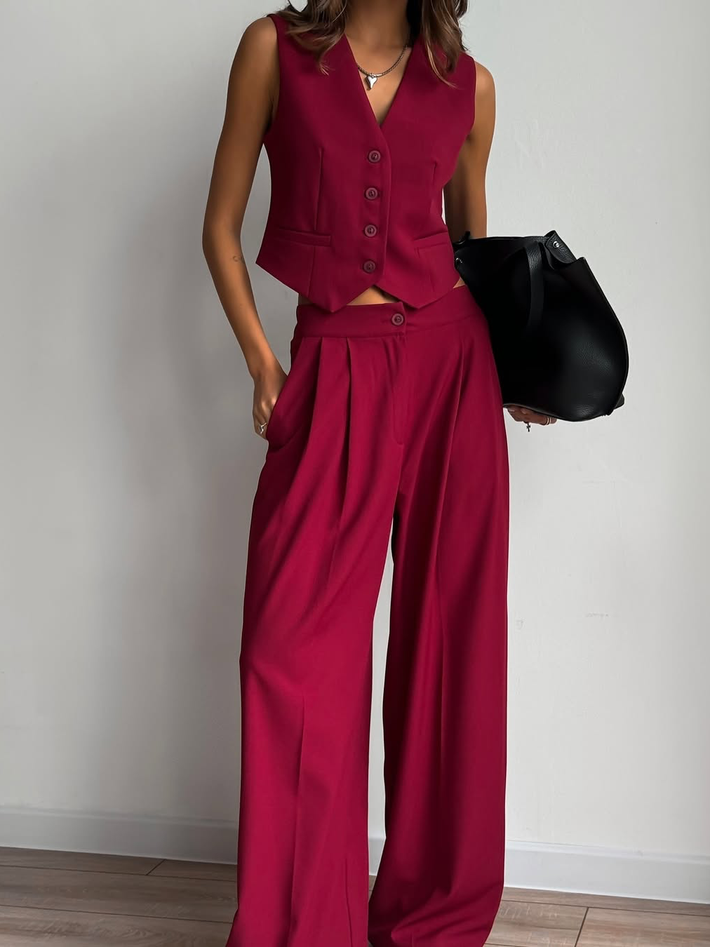 Solid Color Blazer Vest Two Piece Set