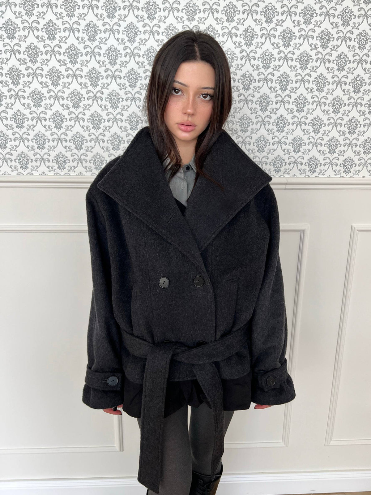 Double-Breasted Drawstring Wool Coat