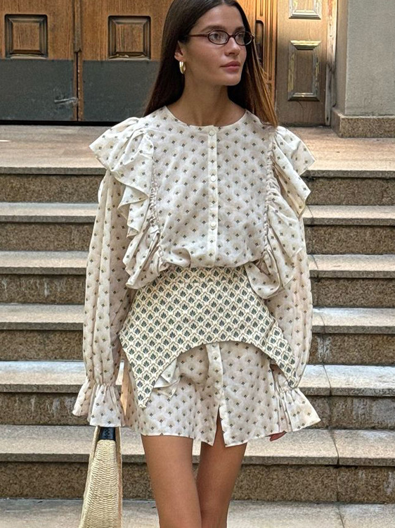 Printed ruffled shirt dress with waist belt