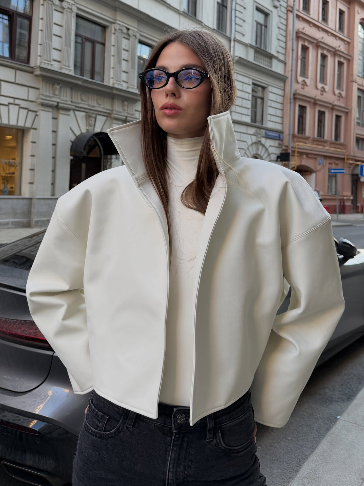 Cropped Stand-Collar PU Jacket
