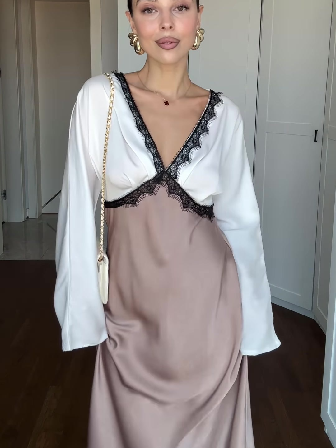Satin Lace Contrast Trim Long Dress