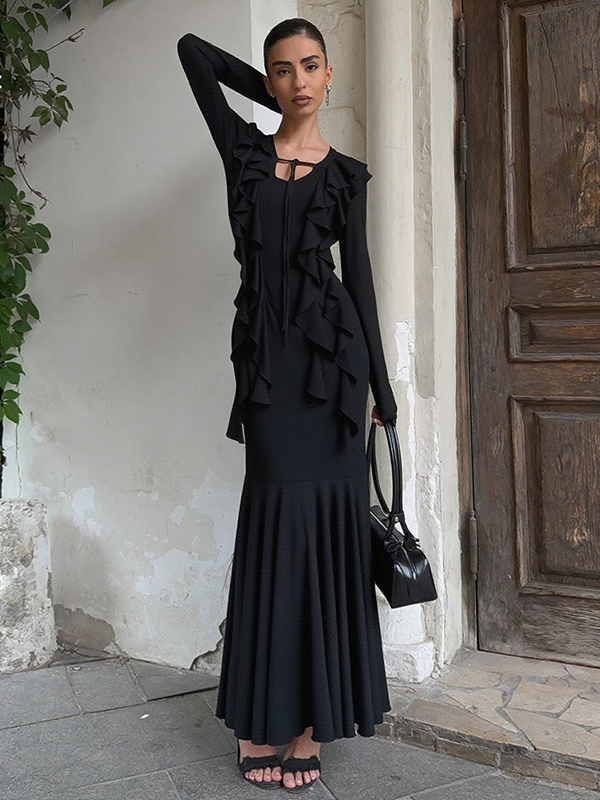 Ruffled V-neck long-sleeve dress