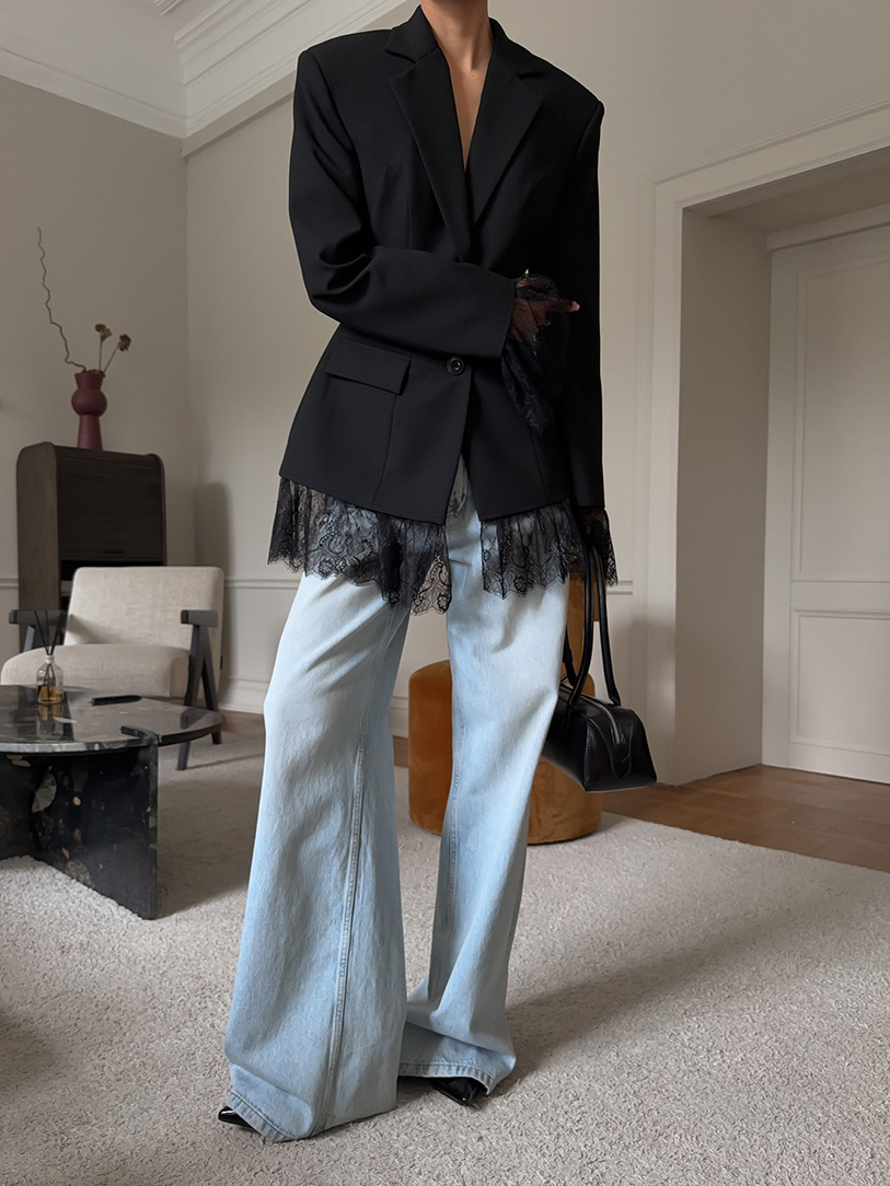 Fitted Lace-Panel Blazer