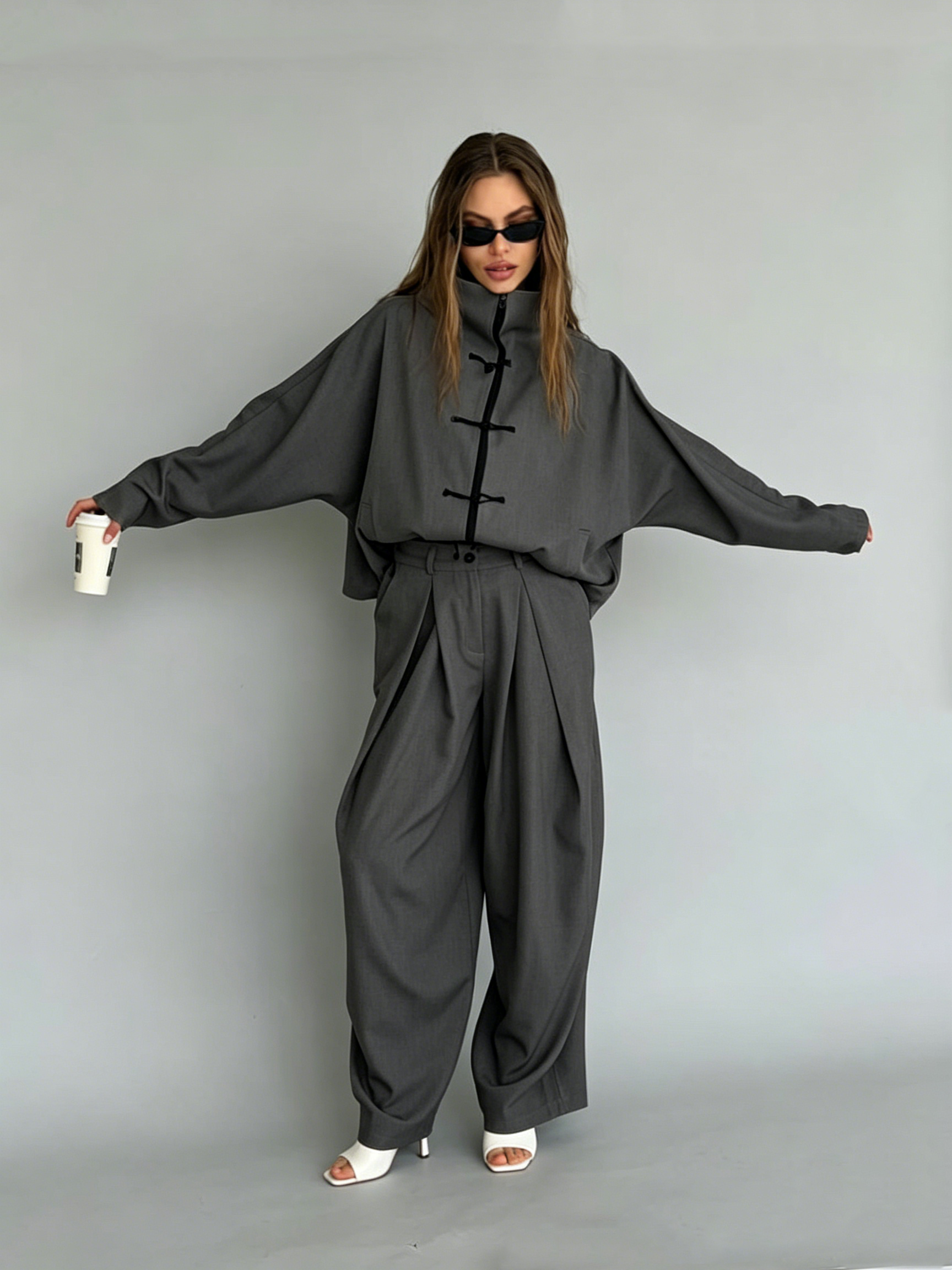 Button-Front Loose-Fit Baggy Pants Set