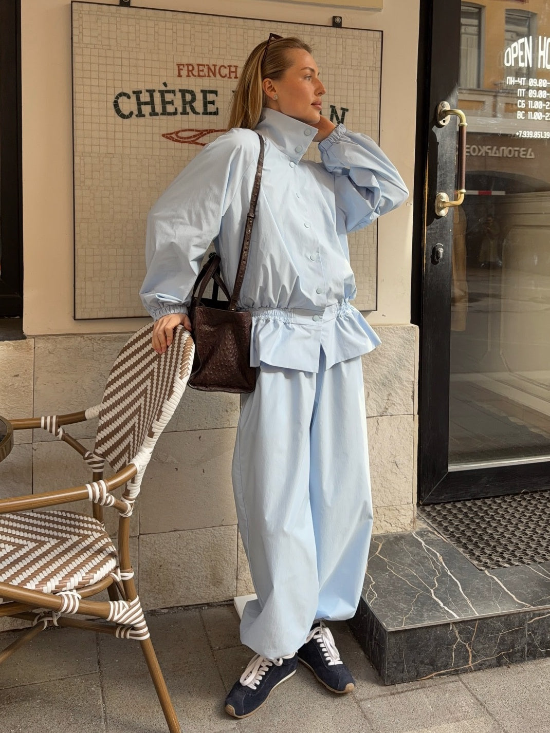 Waist-cinched Jacket and Baggy Pants Set