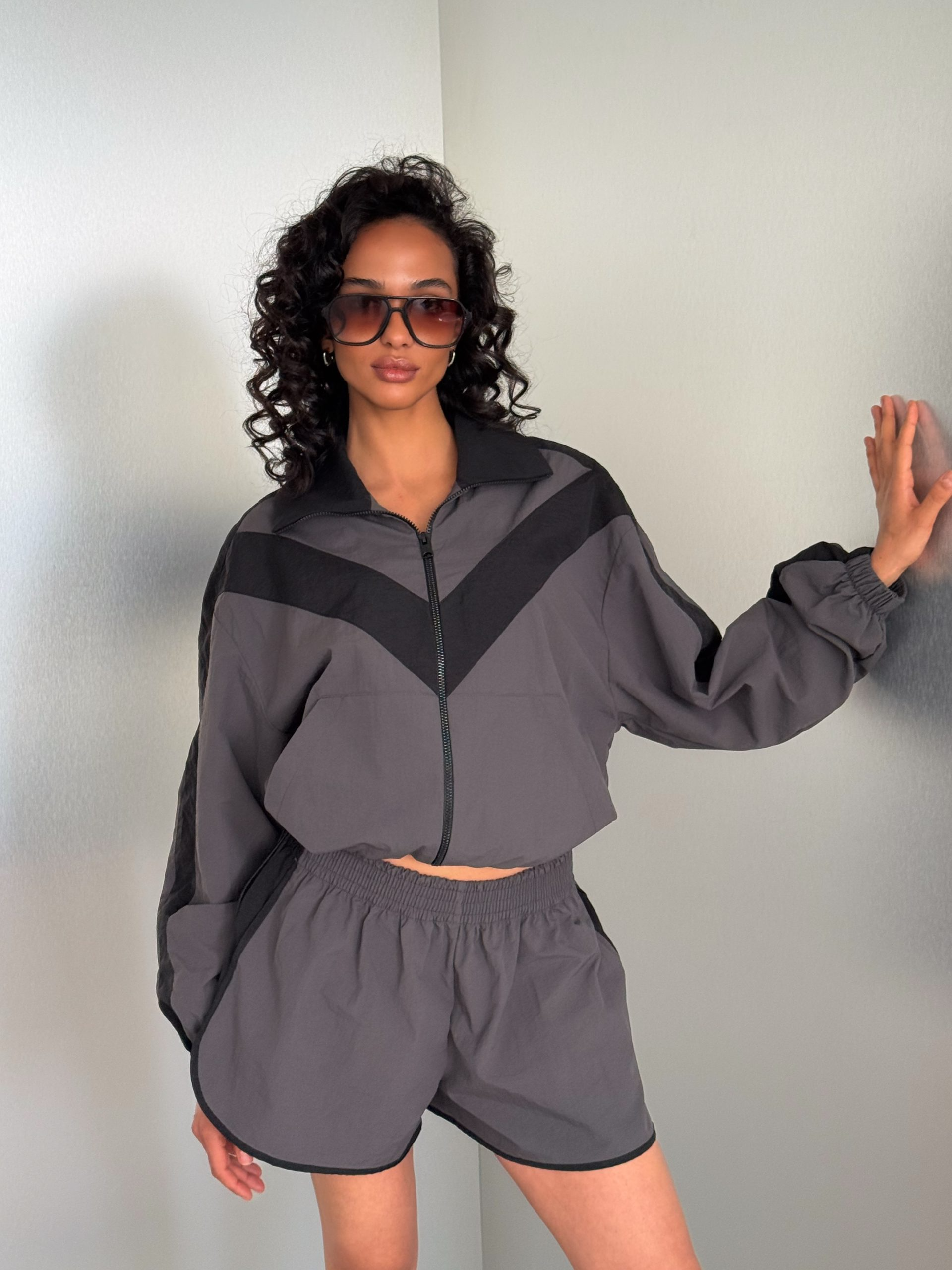 Zip-Up Collared Shorts Set
