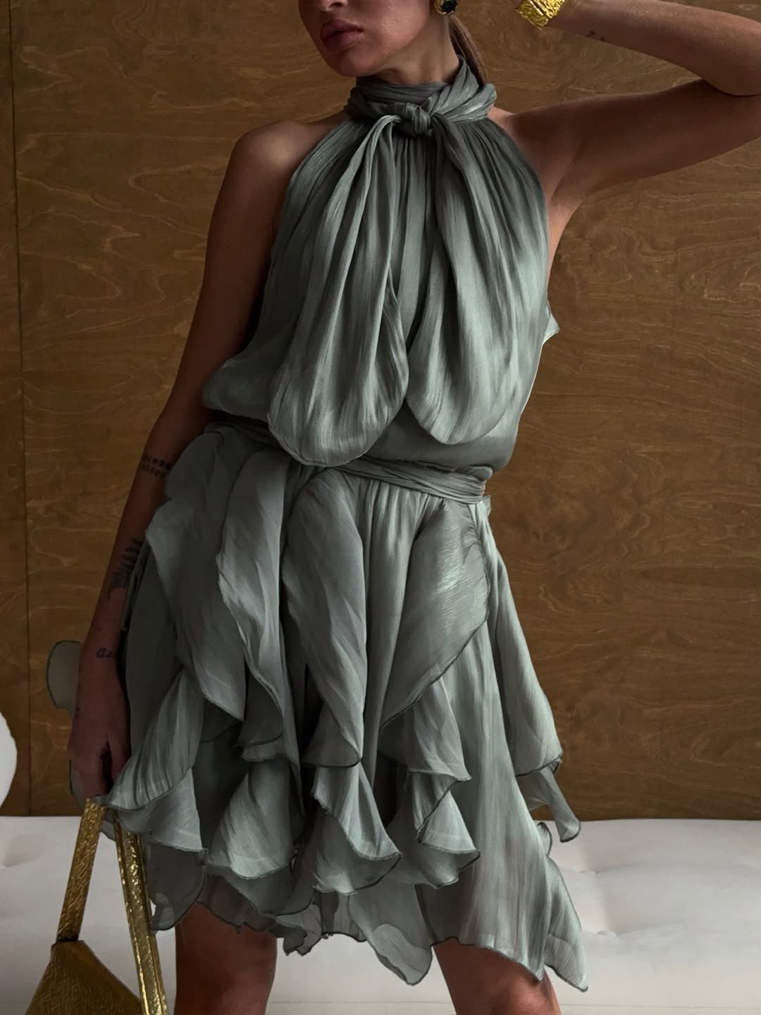 Ruffled Tie-Waist Chiffon Dress