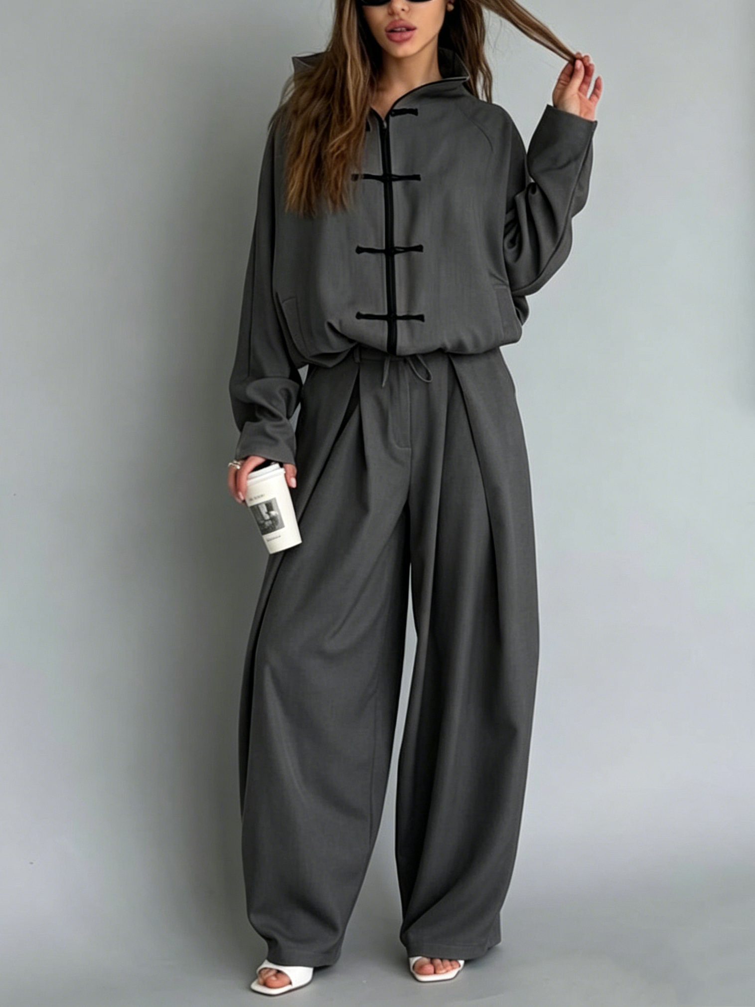 Button-Front Loose-Fit Baggy Pants Set