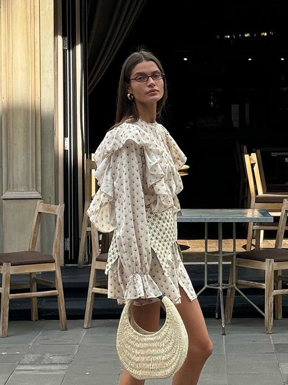 Printed ruffled shirt dress with waist belt