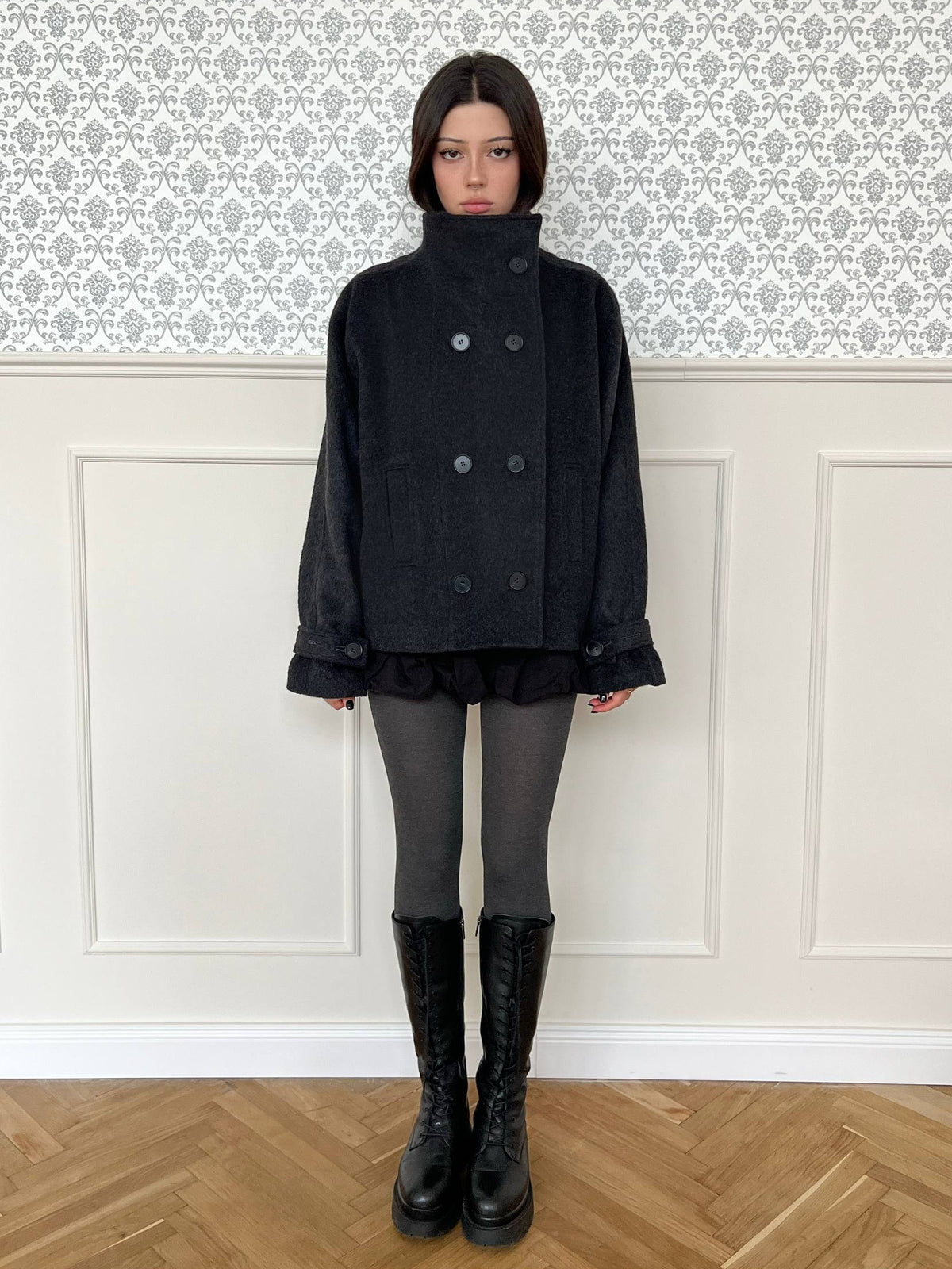 Double-Breasted Drawstring Wool Coat