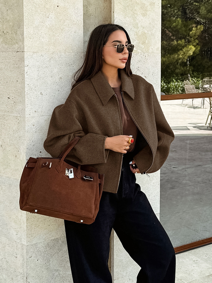 Flap collar zipper wool coat
