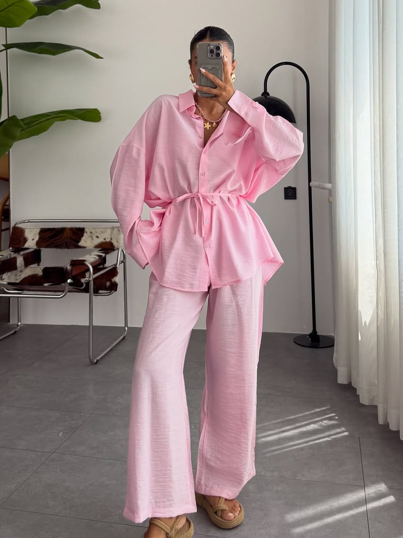 Solid-color lapel-collar tie-front pajamas