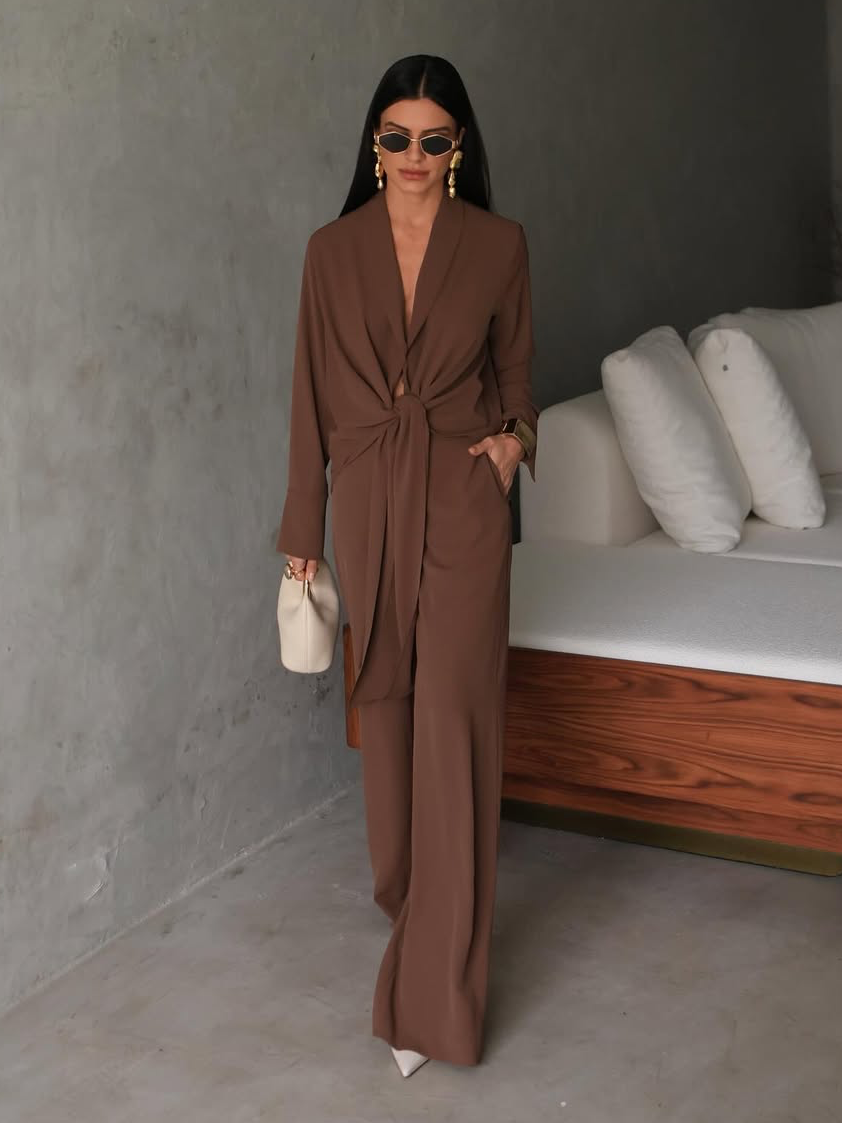 V-Neck Tie-Waist Wide-Leg Pants Set