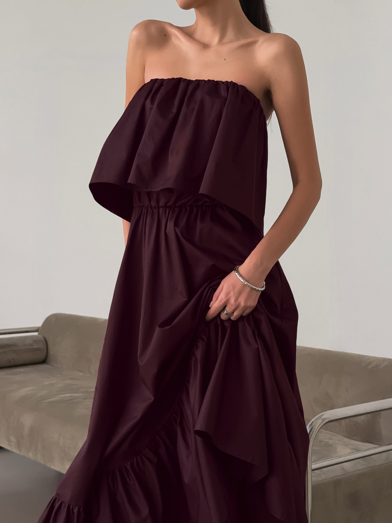 Ruffled strapless maxi dress