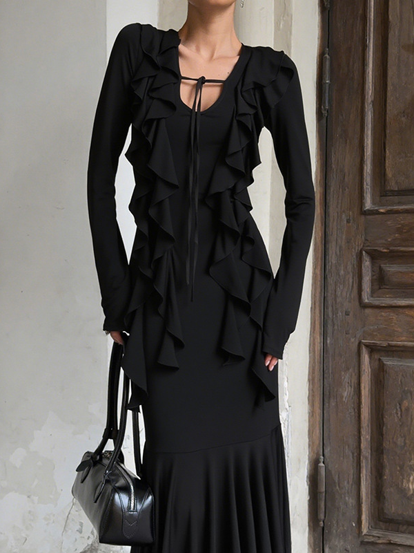 Ruffled V-neck long-sleeve dress