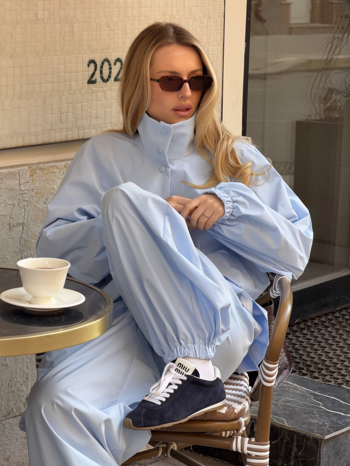 Waist-cinched Jacket and Baggy Pants Set