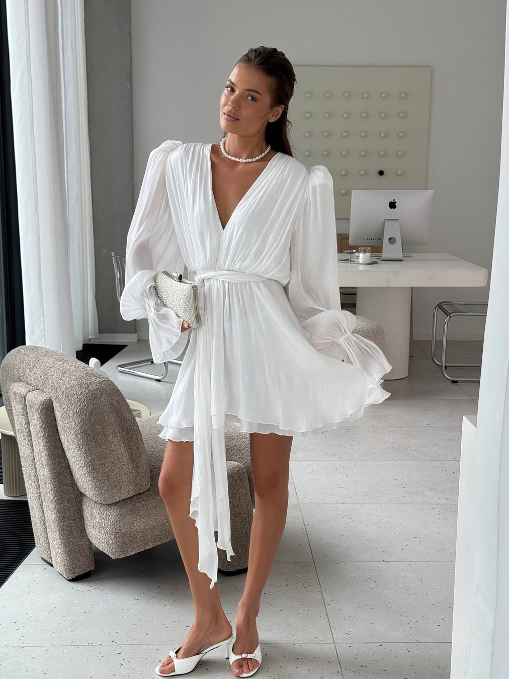 V-neck Puff Sleeve Tie-Waist Dress