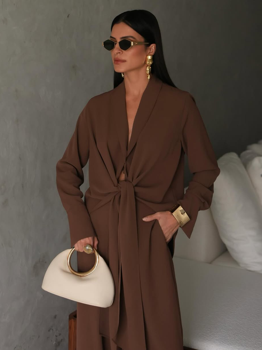 V-Neck Tie-Waist Wide-Leg Pants Set