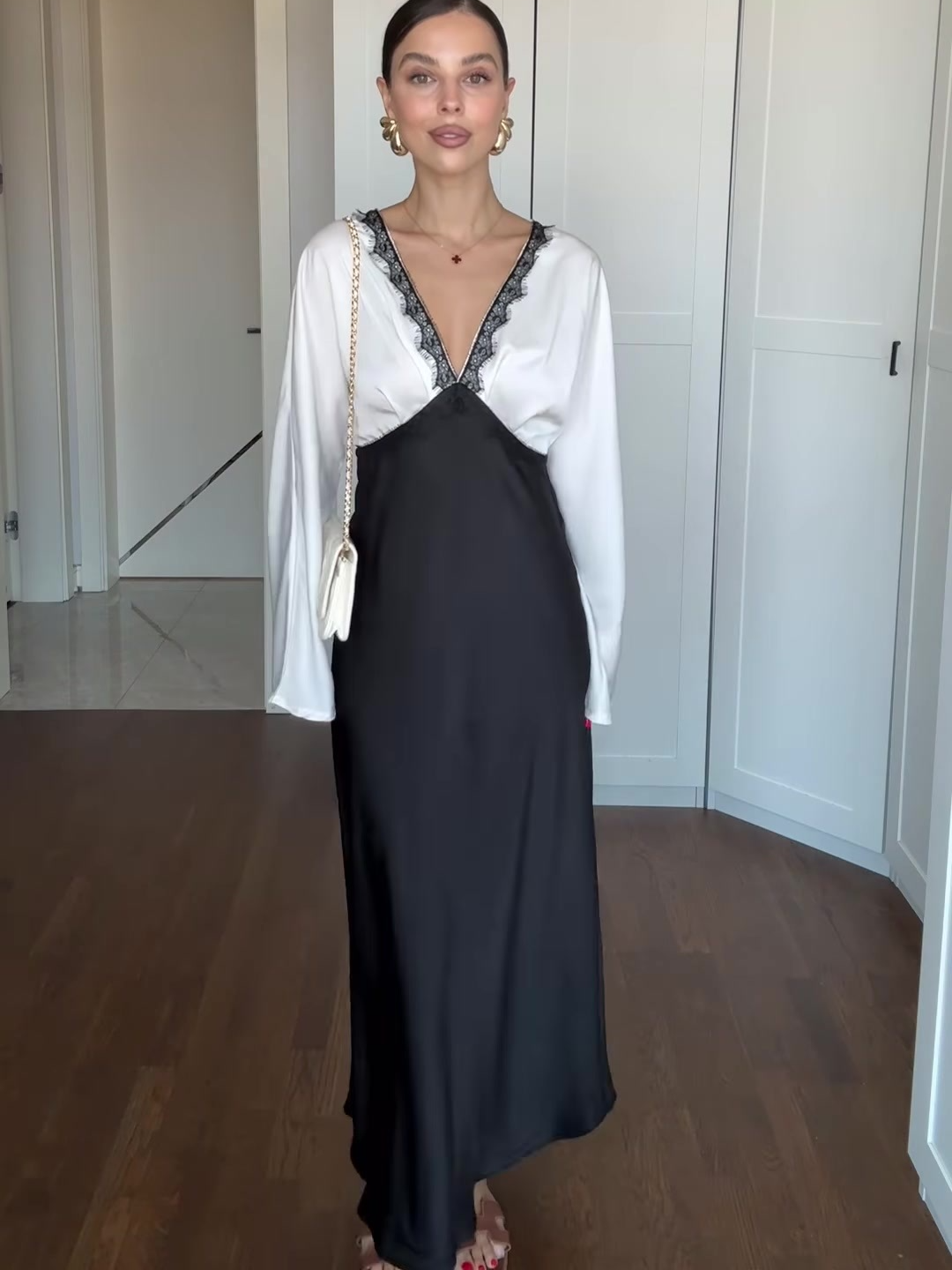 Satin Lace Contrast Trim Long Dress