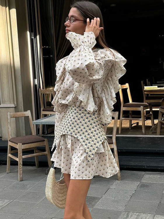 Printed ruffled shirt dress with waist belt