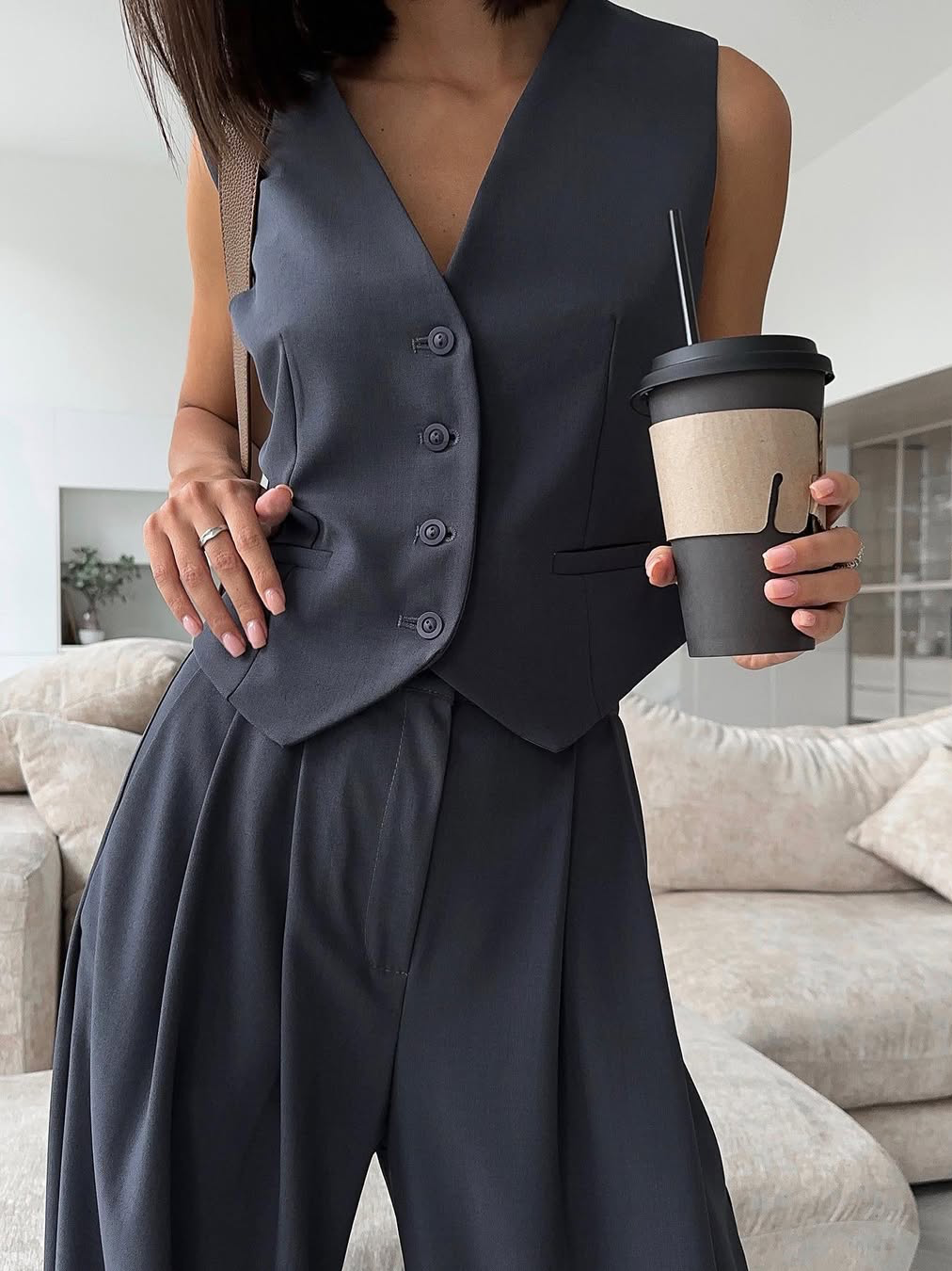 Solid Color Blazer Vest Two Piece Set