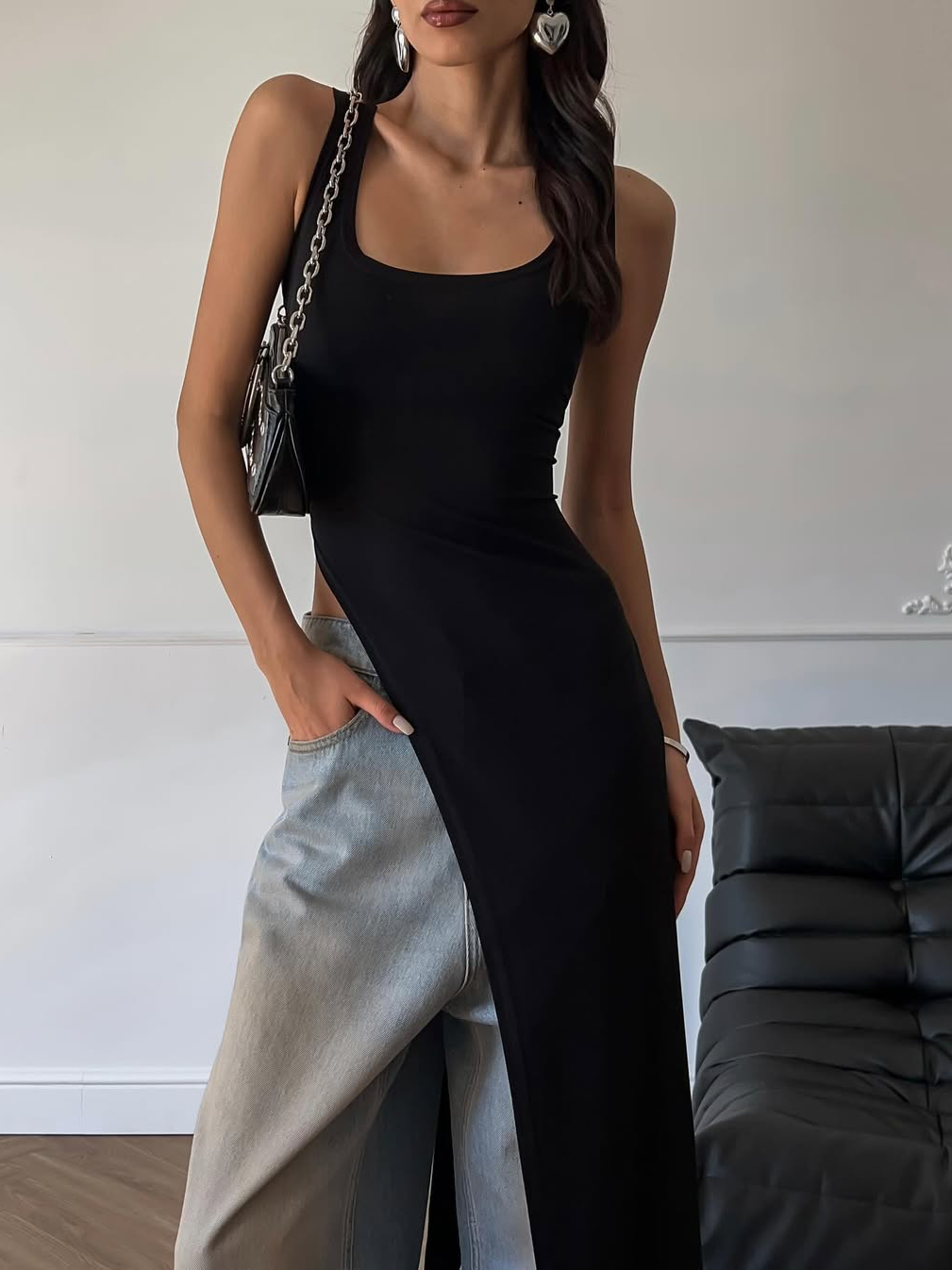 Side-Slit Solid-Color Dress