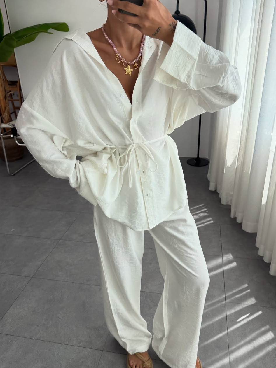 Solid-color lapel-collar tie-front pajamas