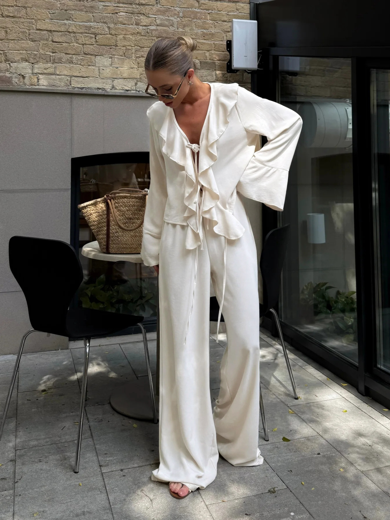 V-Neck Ruffled Long-Sleeve Two-Piece Set