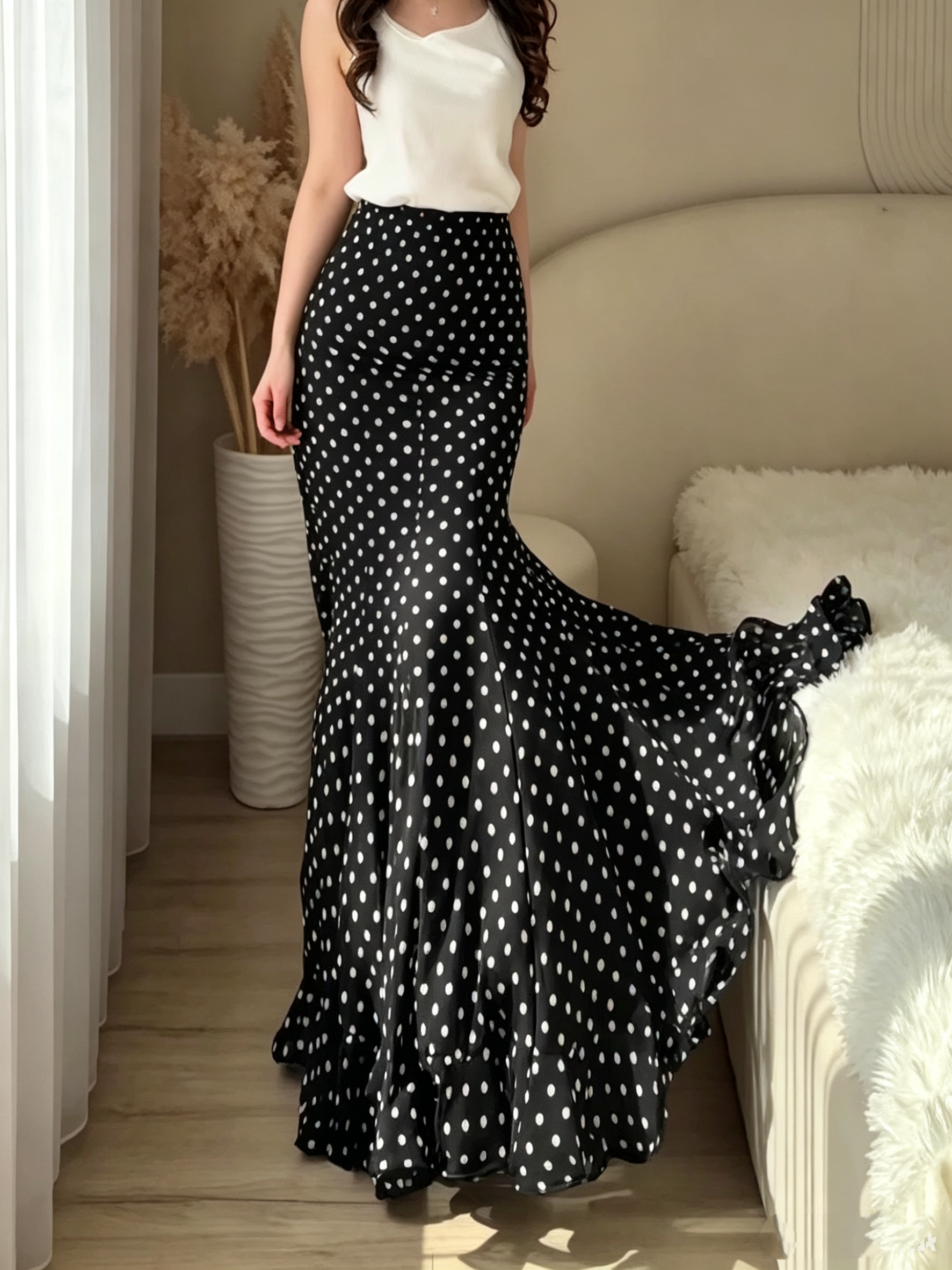 Polka-Dot Pleated Fitted Maxi Skirt