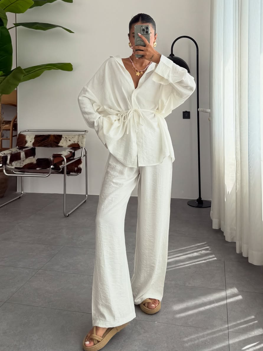 Solid-color lapel-collar tie-front pajamas