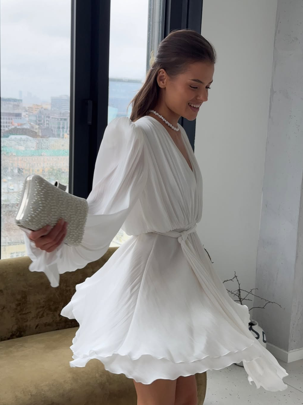 V-neck Puff Sleeve Tie-Waist Dress