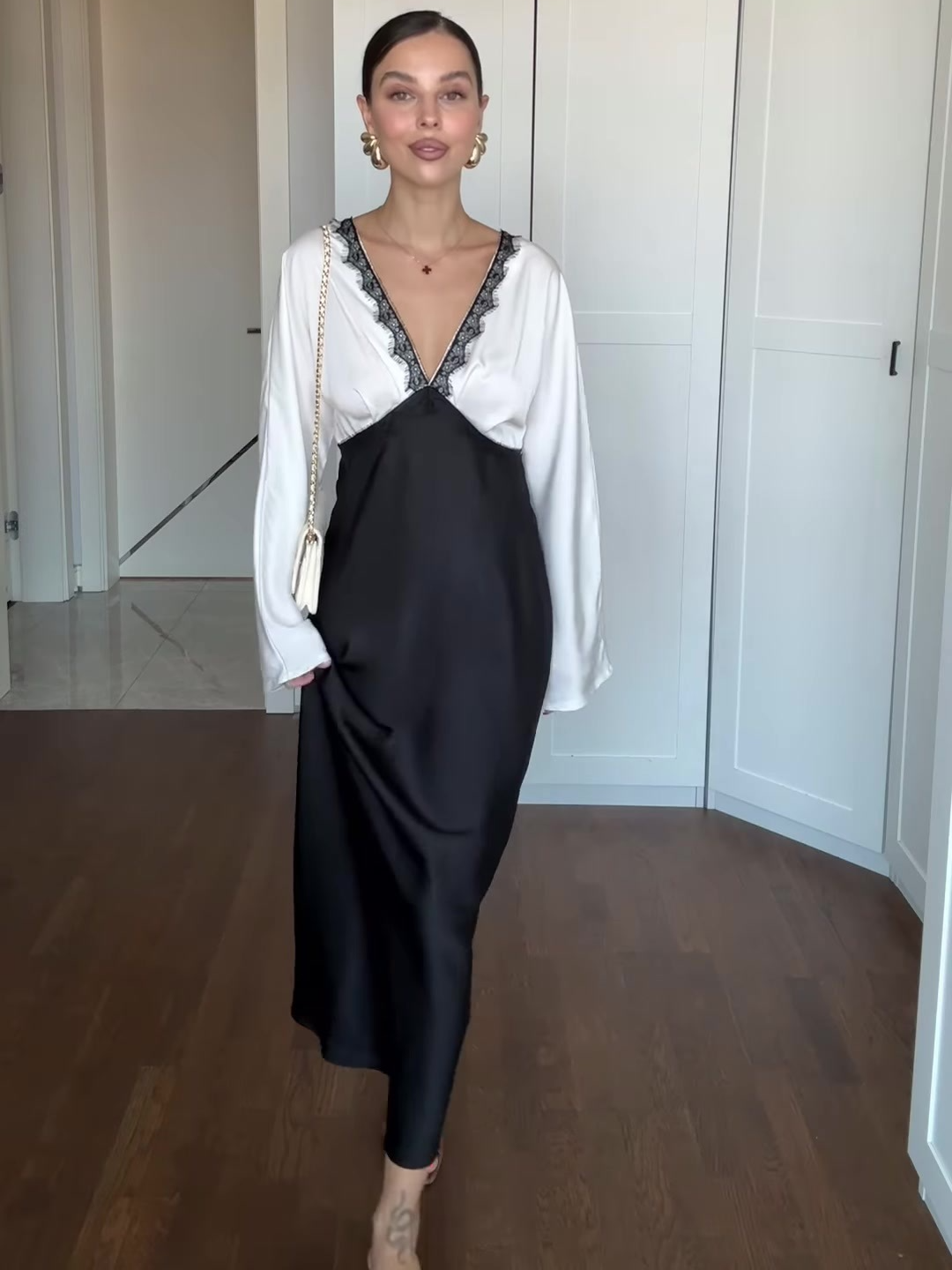 Satin Lace Contrast Trim Long Dress