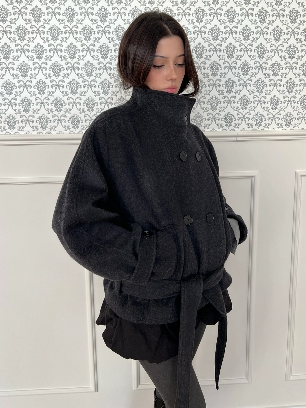 Double-Breasted Drawstring Wool Coat